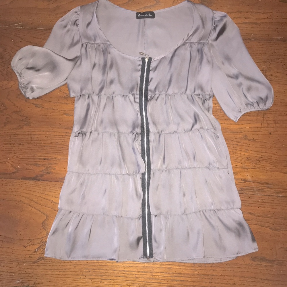 Savannah Rae silky satin ruffle blouse front zipper
